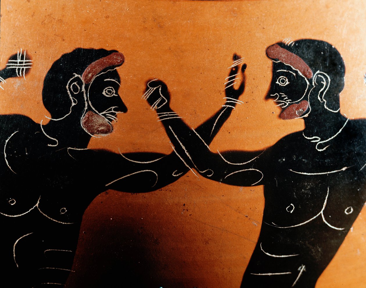 Yunan Sanatı: Panathenaic Terracotta amphora: bir pugilat savaşını betimleyen detay. Vulci savaşçısının mezarı. MÖ 6. yüzyıl. Roma, Museo Nazionale di Villa Giulia by Greek