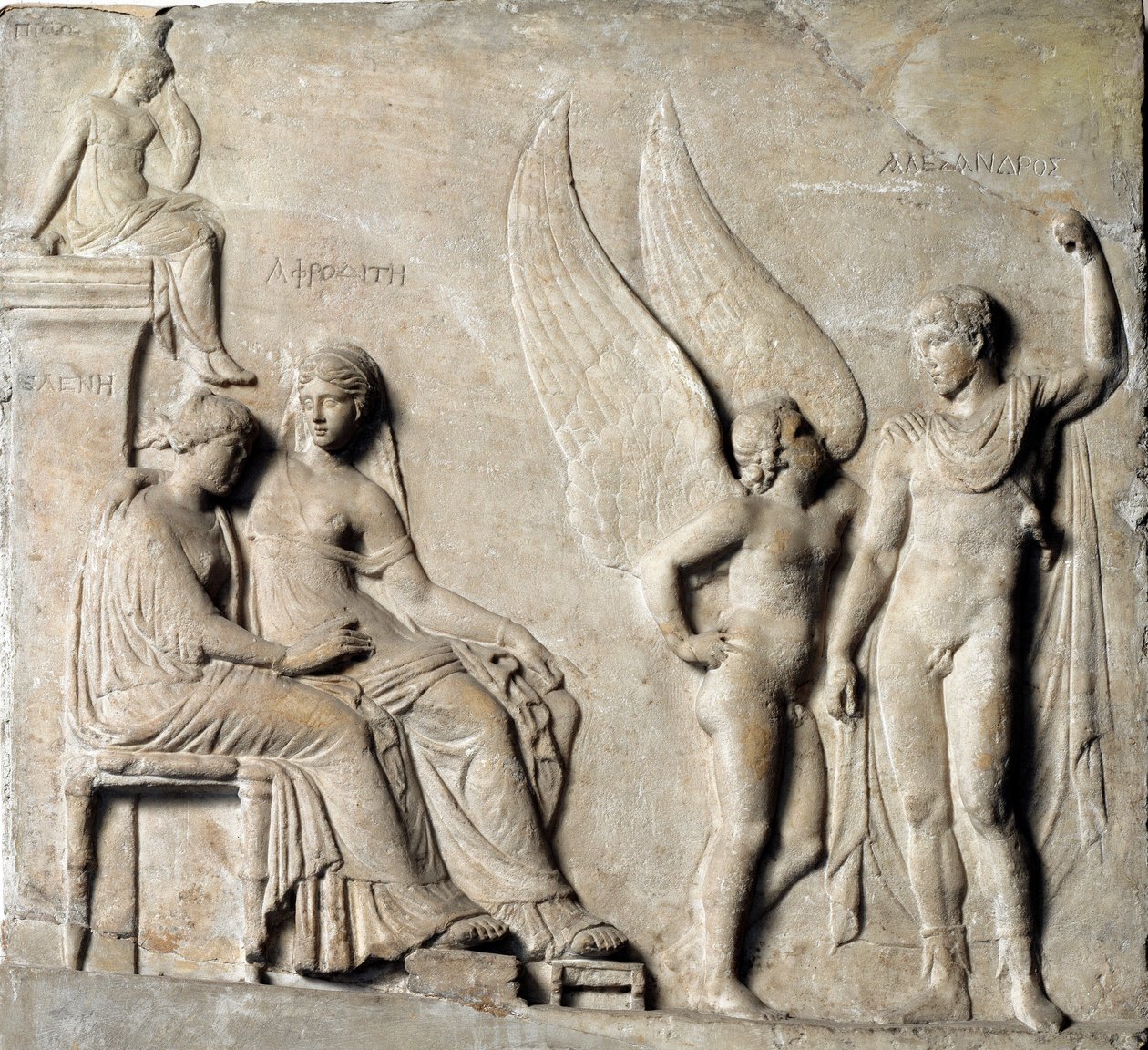 Yunan Sanatı: “” Sparta Prensi Paris seduit Truva Helene, Afrodit temsil edilmektedir””” Yunan orijinalinden mermer kabartma. 1. yüzyıl M.Ö. Museo Archeologico Nazionale, Napoli - Paris, Sparta Prensi ve Truva Heleni, Afrodit ile - Mermer kabartma by Greek
