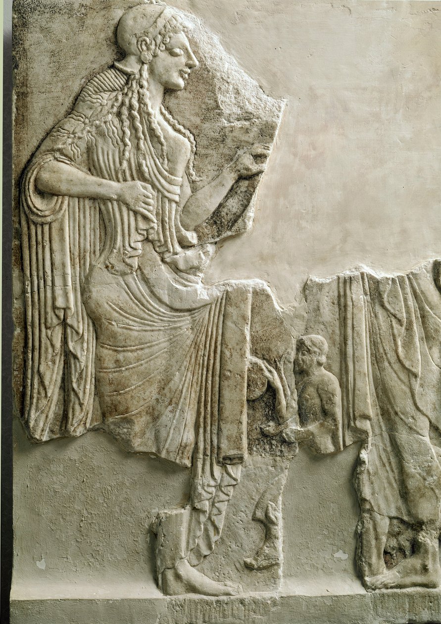 Yunan antik: “” Tanrıça Athena'ya kurban kesen bir aile”” Alçak kabartma. 550 M.Ö. Atina akropolünden. Atina, Akropolis Müzesi by Greek
