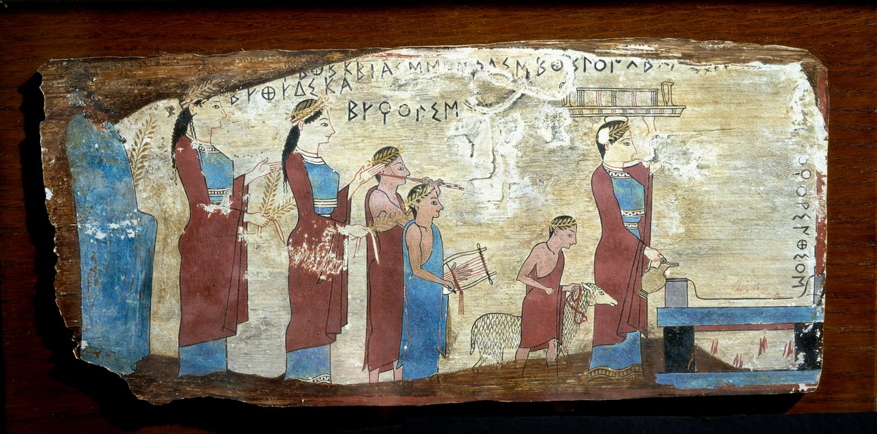 Yunan antikası: Bir kuzunun kurban edilmesi. Korint Körfezi'ndeki Sicyon'dan ahşap boya. MÖ 6. yüzyıl. Atina, Ulusal Arkeoloji Müzesi by Greek