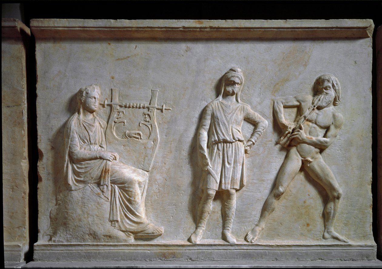 Yunan sanatı: Apollo ve Marsyas arasındaki müzik yarışması (aulos ve lir çalma). Mermerden oyulmuş alçak kabartma, MÖ 320, Yunan antik. Ulusal Arkeoloji Müzesi, Atina (Yunanistan) by Greek
