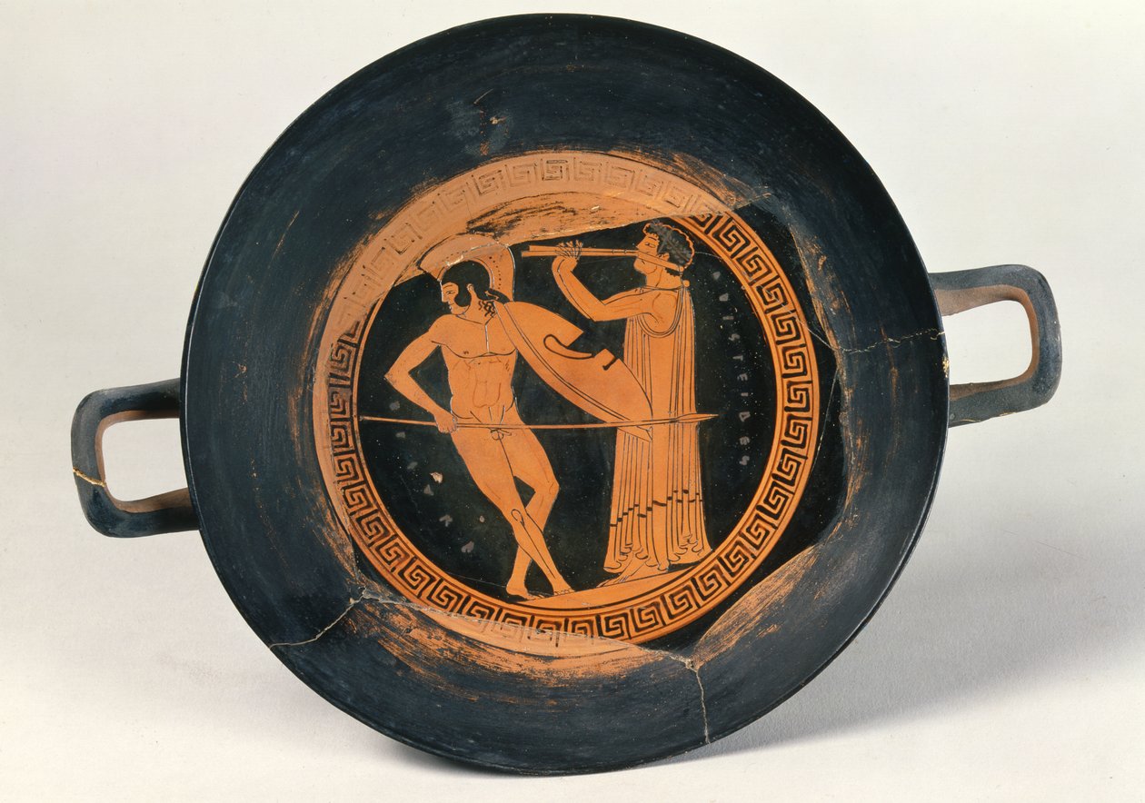 Pyrrhic dansı yapan bir savaşçıyı betimleyen Yunan kırmızı figürlü fincan, Aristeides the Elder (çömlek) by Greek