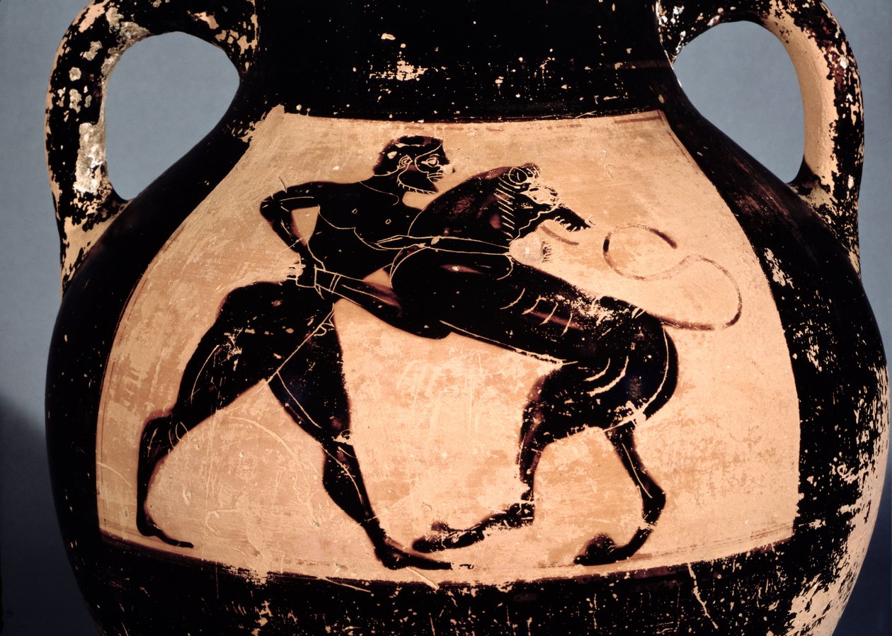 Nemea aslanı ile mücadele eden Herakles, Attika siyah figürlü bir amforadan detay (çömlek) by Greek