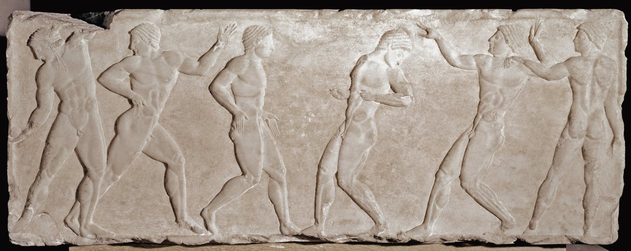 Altı sporcuyu temsil eden bir cenaze kourosunun mermer kabartma çorapları. 510 -500 M.Ö. Akropolis Atina