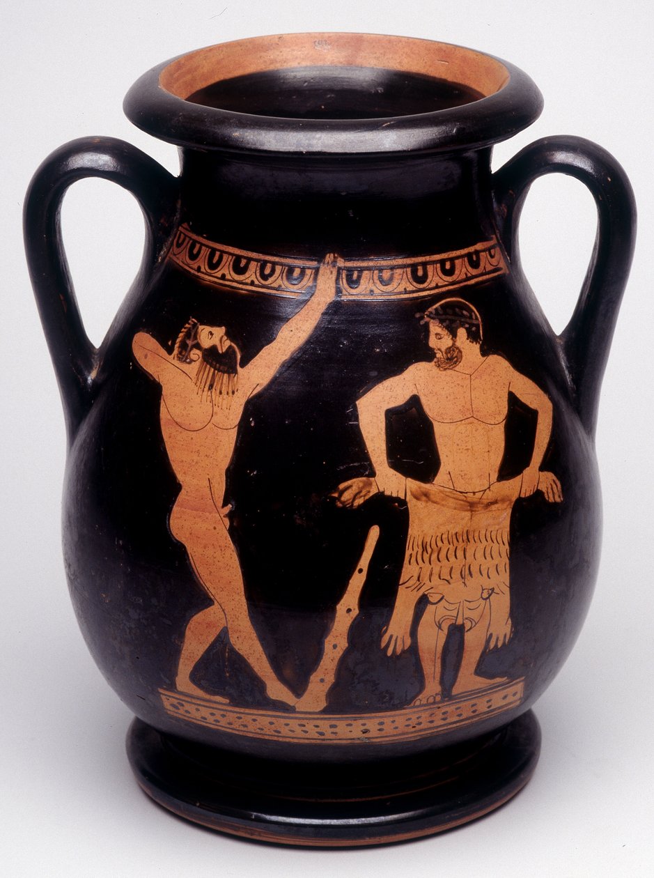 Vazo üzerine resim: Herakles (Herkül) aslanın derisini kaplamaya hazırlanıyor, solunda bir atlet ısınıyor. 490 M.Ö. BNF, Madalya Ofisi. by Greek