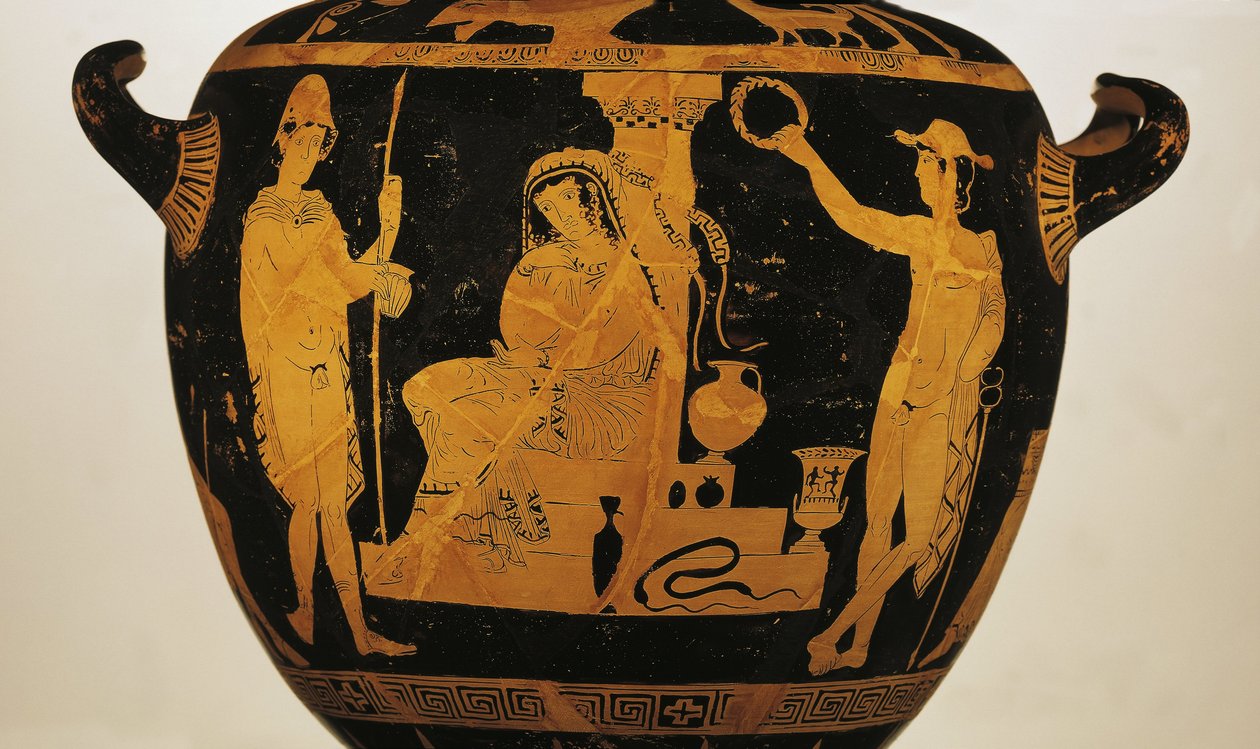 Agamemnon'un mezarında Orestes, Elektra ve Pylades'i tasvir eden kırmızı figürlü krater (çömlek) by Greek
