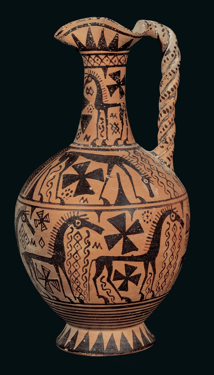 Atlarla süslenmiş yonca ağızlı oinochoe, Skyros, Sporades, Orientalizing Dönemi