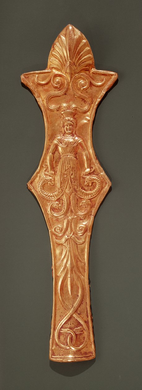 Bridle frontlet, yılan bacaklı bir kadın temsili ile plak (altın) by Greek School