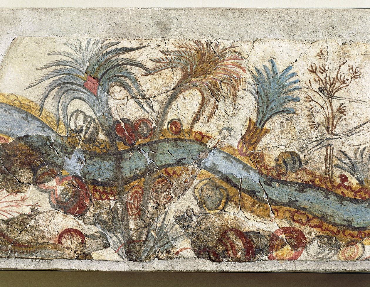 Akrotiri'den nehir manzarasını tasvir eden fresk, Thera Adası, Santorini, Yunanistan, detay by Greek School