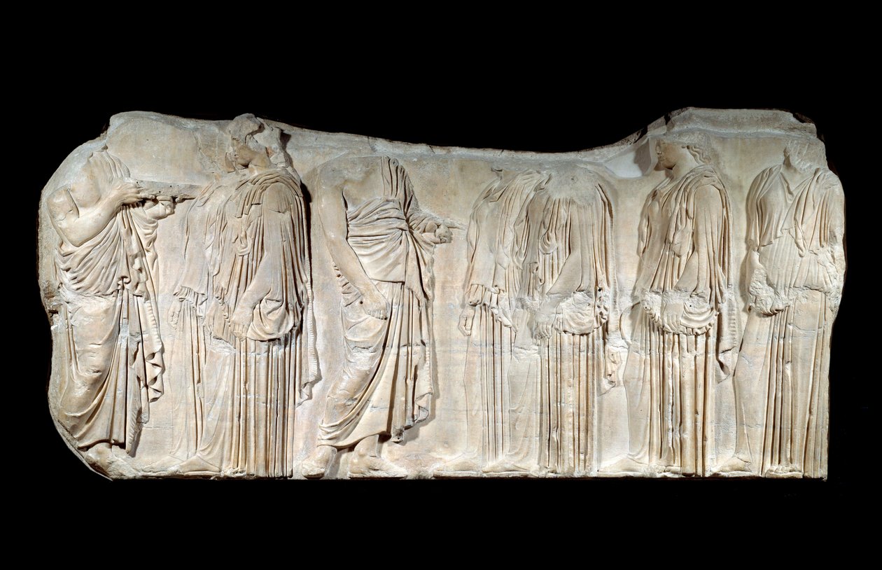 Yunan sanatı: Parthenon frizinin parçası: Büyük Panathenees şöleninin alayı: yetki verenler ve ergastinler. Klasik dönem. Paris, Louvre Müzesi by Greek School