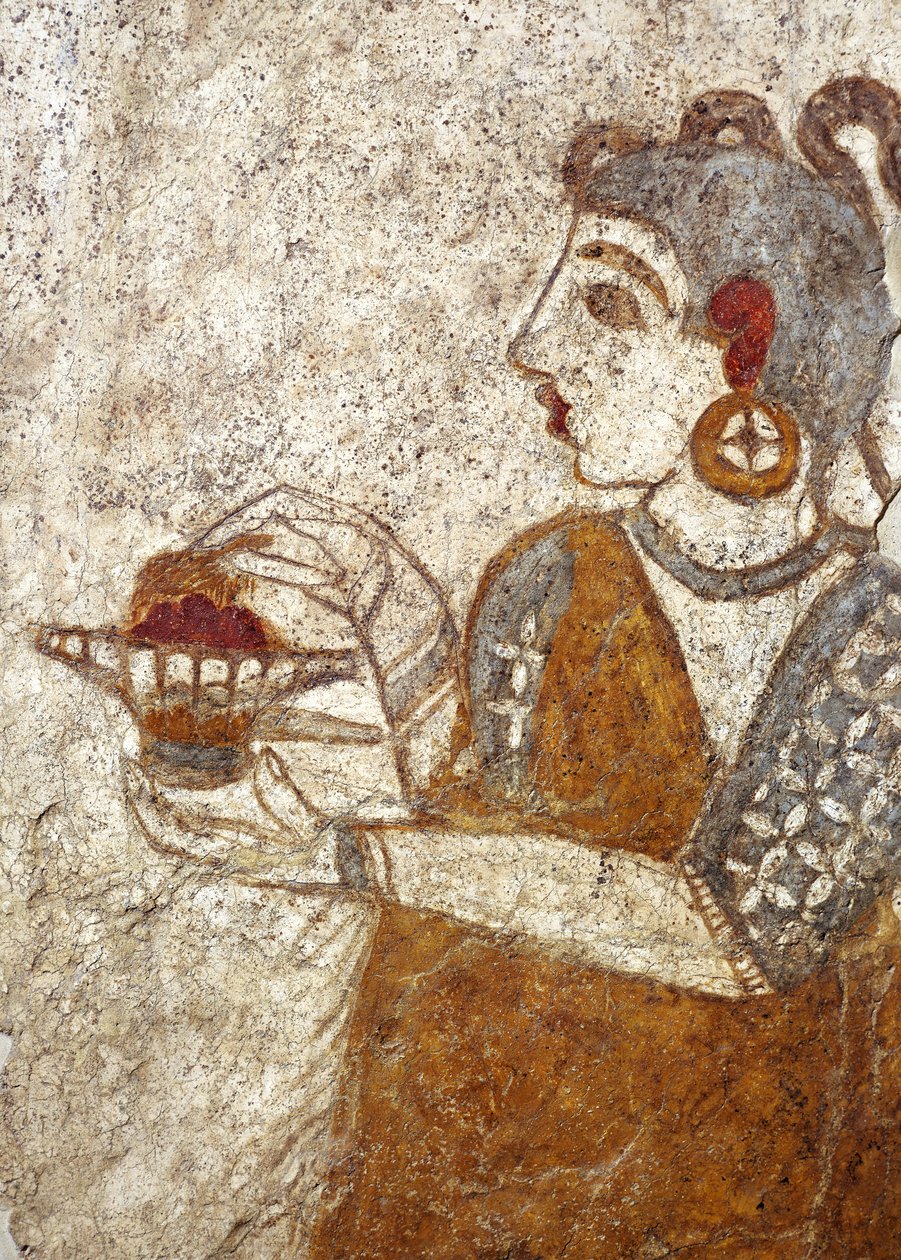 Akrotiri, Thera Adası, Santorini, Yunanistan'dan Yunan uygarlığı, rahibenin tütsü yakan fresk by Greek School
