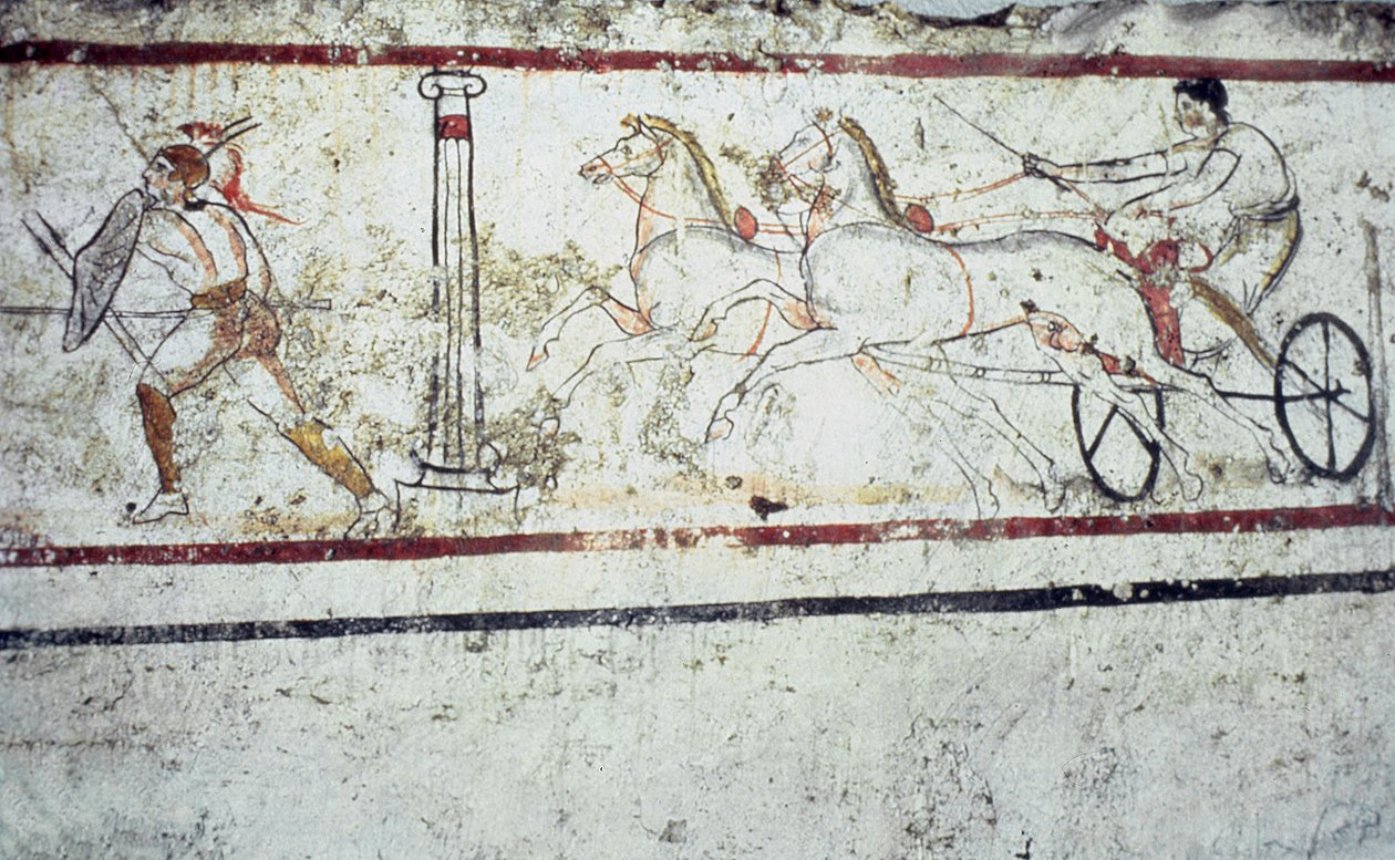 Bir gladyatörü ve savaş arabasındaki bir adamı betimleyen Lucanian fresk mezar resmi, Paestum MÖ 350-330 by Greek School
