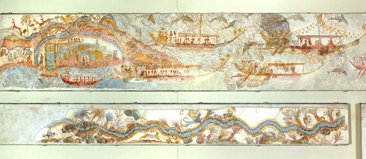 Deniz seferleri ve nehir manzarası, Akrotiri freski, Thera (bugünkü Santorini), Yunanistan, Minos Uygarlığı by Greek School