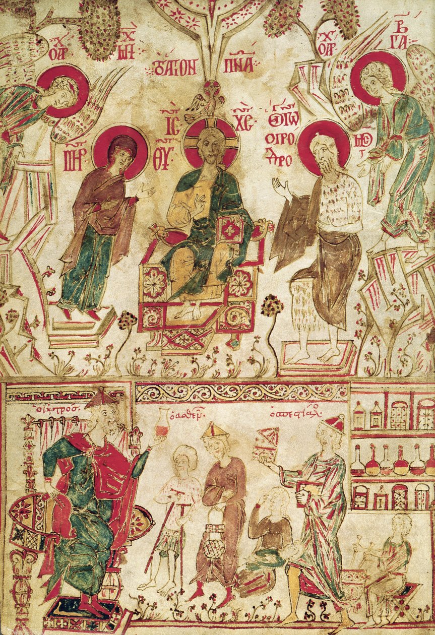 Hastaları alan Bizanslı Doktor Myrepsos, bir Yunan el yazmasından, 13. yüzyıl by Greek School