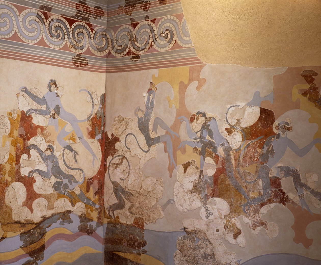 Mavi maymunlar, B Kompleksi'nden fresk, Akrotiri'nin 6 numaralı odası, Thera (bugün Santorini) (Yunanistan). Minos Uygarlığı by Greek School