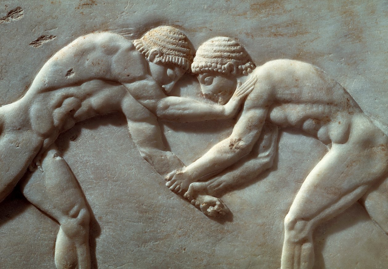 Sporcular arasındaki yarışma, Atina'daki Kerameikos Nekropolü kabartması, Yunanistan, Ayrıntı, Yunan uygarlığı, MÖ 6. yüzyıl by Greek School