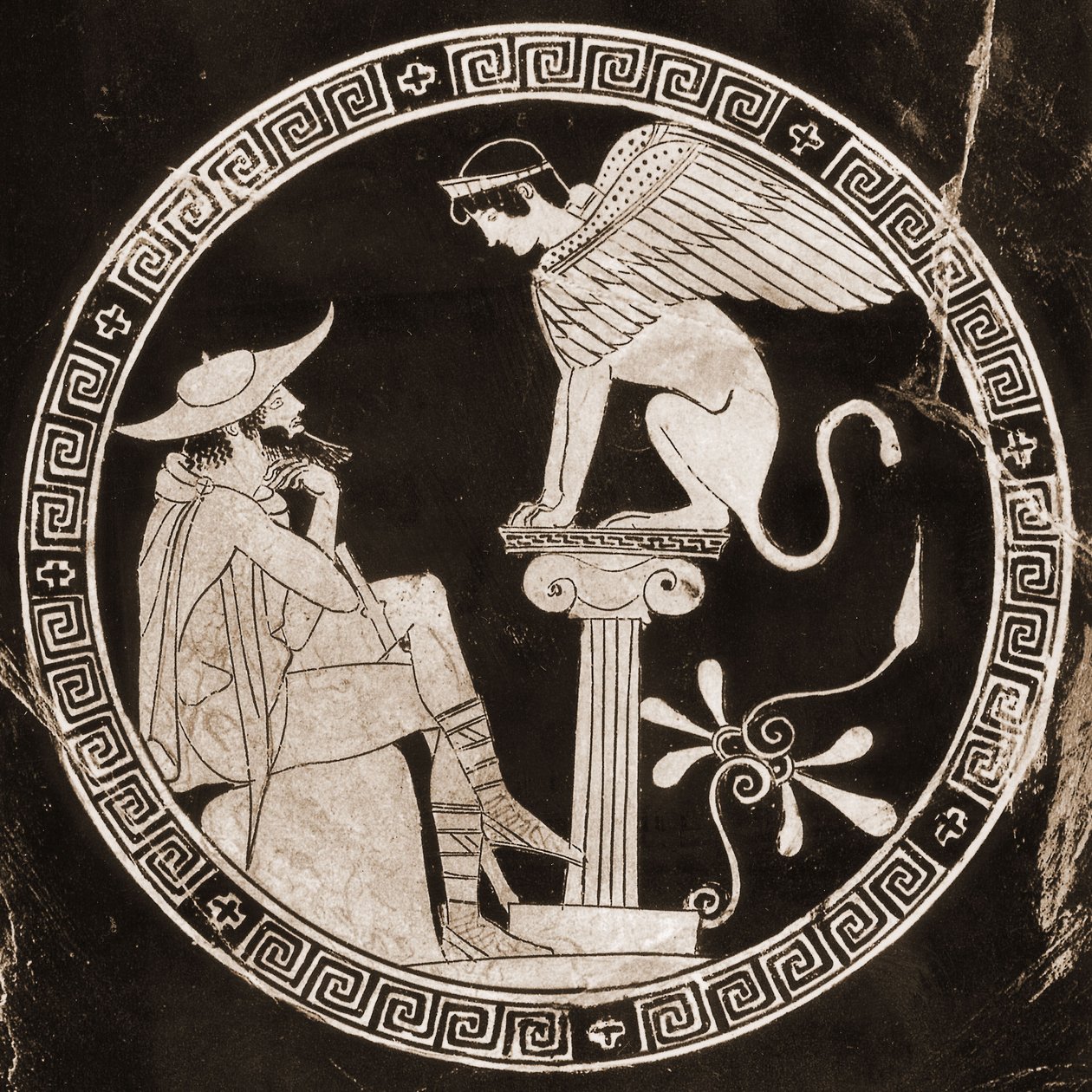 Oedipus, Teb'deki sfenksin sorularını yanıtlıyor, MÖ 5. yüzyıl (seramik) by Greek School