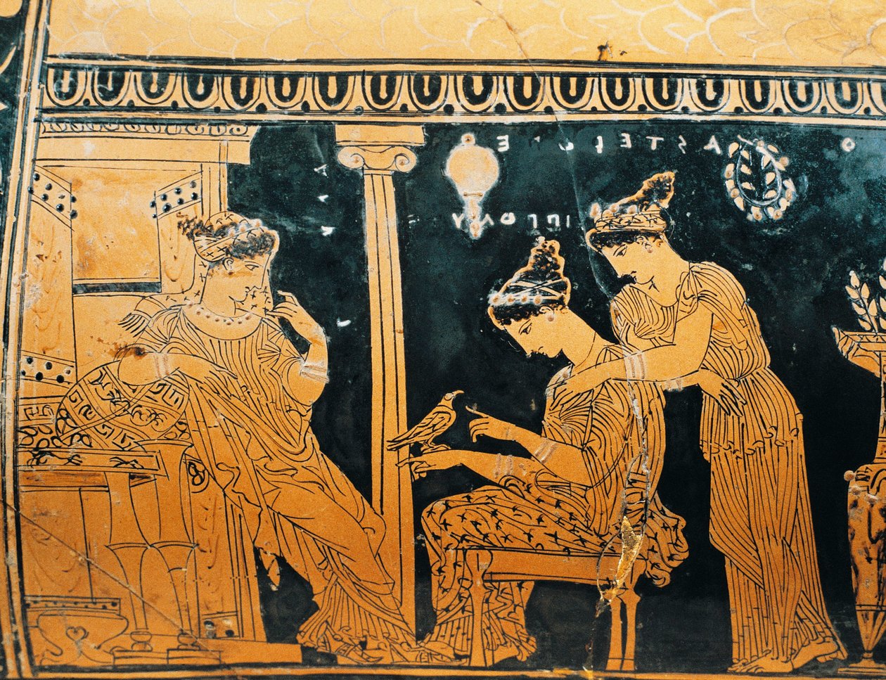 Kırmızı figürlü çanak çömlek, Eretria Painter imzalı Epinetron, kadını tuvaletinde tasvir ediyor, detay by Greek School