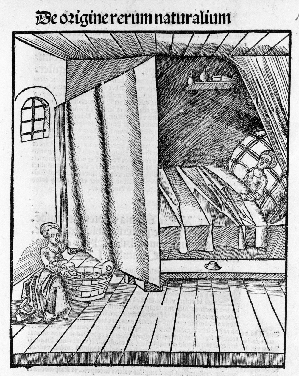 Bir ebe, anne dinlenirken yeni doğan bebeği temizler. Gravür - Gregor Reisch (1467-1525), Basel tarafından “” Margarita Philosophica” da by Gregor Reisch