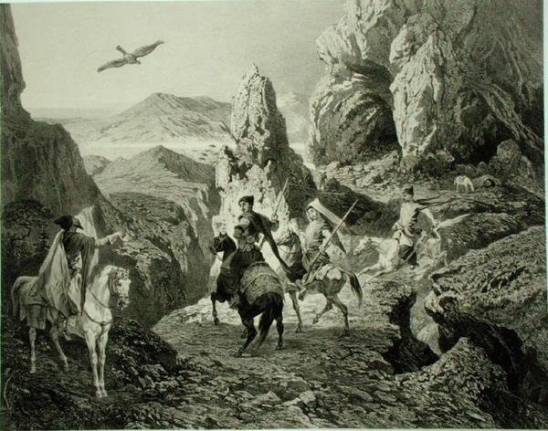 Erivan, Ermenistan yakınlarında bir Şahin Avı, Eugene Ciceri (1813-90) ve Adolphe Jean-Baptiste Bayot (1810-66) tarafından oyulmuş Kafkasya üzerine bir kitaptan levha 20, Alfred Leon Lemercier, Paris tarafından yayınlandı by Grigori Grigorevich (after) Gagarin