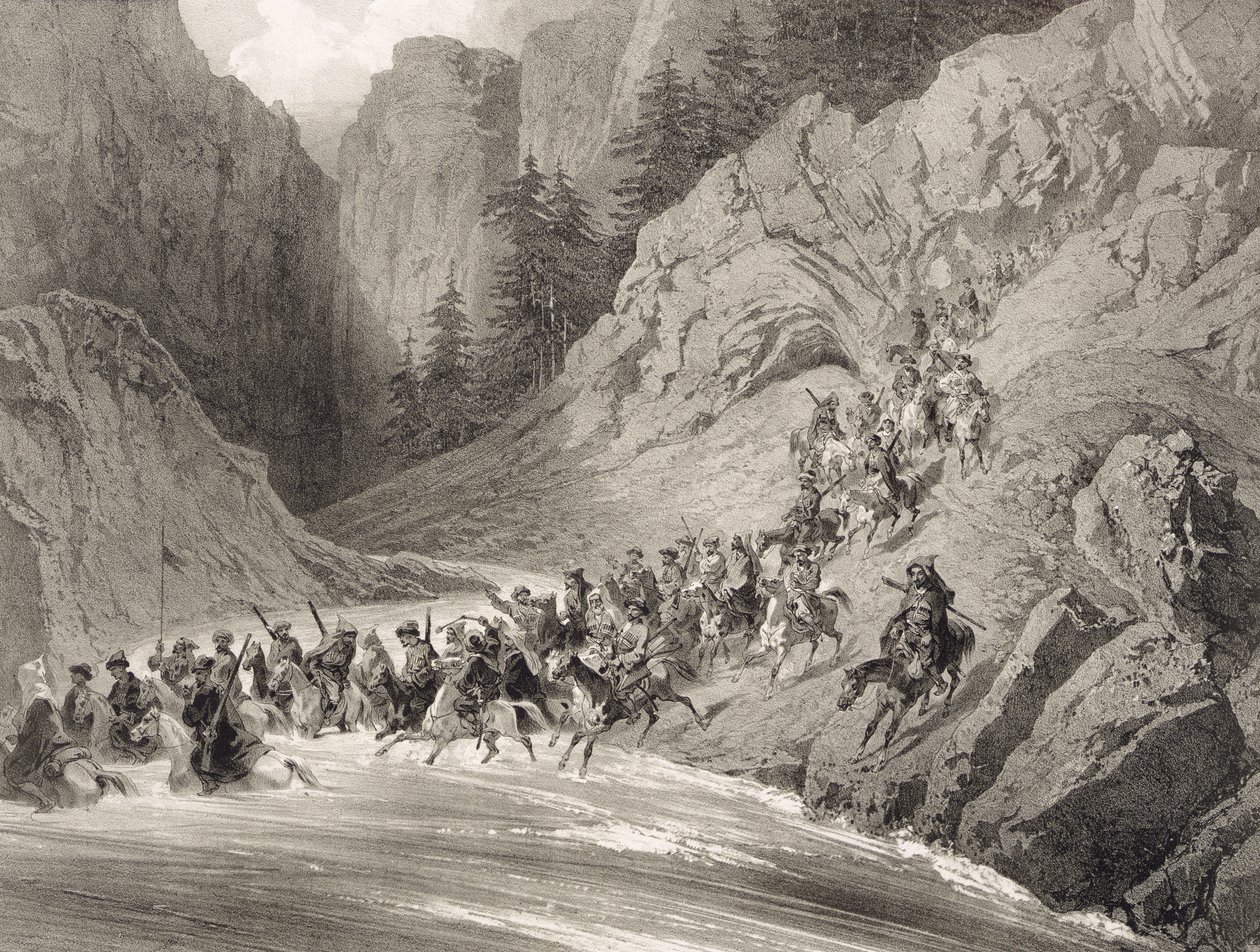 Karadeniz yakınlarındaki bir Baskında Tcherkersseians, levha 4, Kafkasya üzerine bir kitaptan, Eugene Ciceri (1813-90) ve Adolphe Jean-Baptiste Bayot (1810-66) tarafından oyulmuş, Alfred Leon Lemercier, P. by Grigori Grigorevich Gagarin
