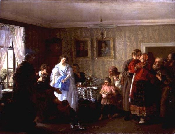 Toprak Sahibinin Evinde Yeni Evlenenleri Tebrik Etmek by Grigori Grigorievich Mjasoedov