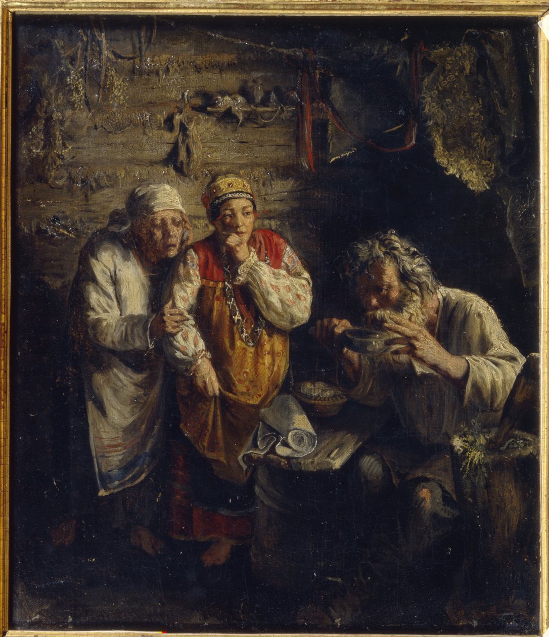 Şifacı (Cadı Doktor). Fakir, kırsal bir kulübede, folklorik elbiseler giymiş iki yalınayak kadın, yaşlı bir adamın bitkisel bir ilaç içtiğini, onun yanında tıbbi karışımlar hazırlamak için bir havaneli içtiğini izliyor. by Grigori Grigoryevich Myasoedov