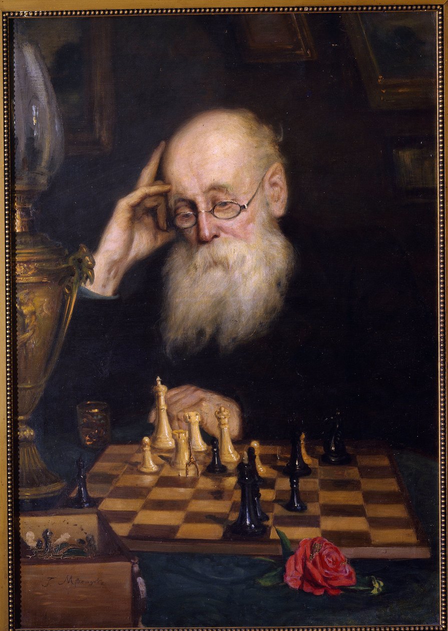 Kendine karşı satranç (Kendiyle satranç). Grigori (Grigoriy, Grigory) tarafından yapılan boyama Grigoryevich Myasoyedov (Myasoedov, Miasoedov) (1834-1911), tuval üzerine yağlı boya by Grigori Grigoryevich Myasoedov