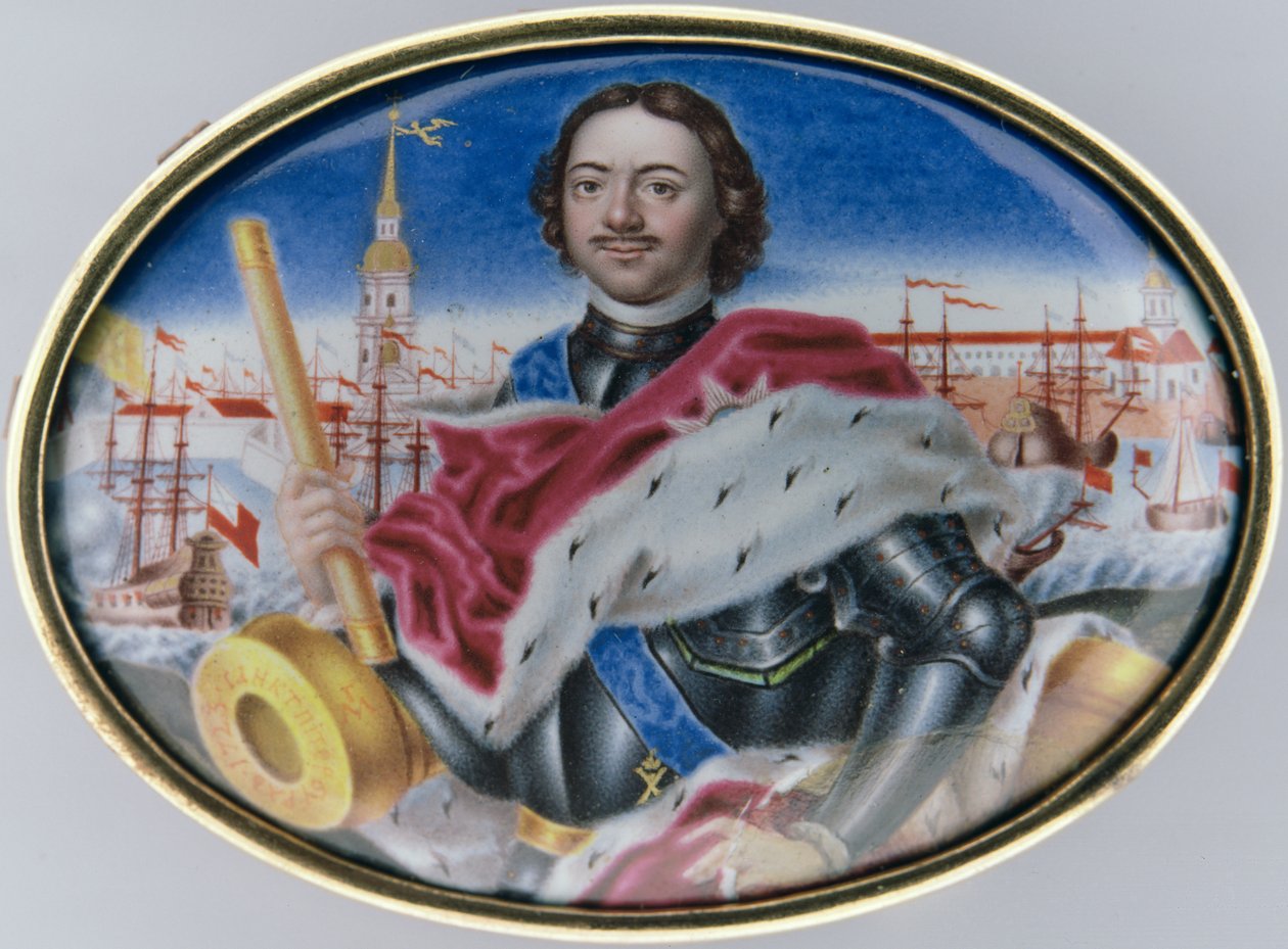 Peter I (1672-1725), St. Petersburg'daki St. Peter ve St. Paul Kalesi ve Trinity Meydanı'na karşı portresi, 1723 (altın üzerine emaye) (bkz. 126084) by Grigory Semyonovich Musikiysky