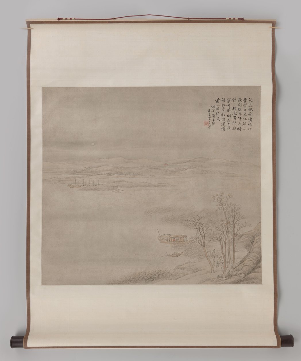 Rakamlarla Mehtaplı Nehir Manzarası Asılı kaydırma, ay ışığında rakamlarla nehir manzarası by Guan Xining