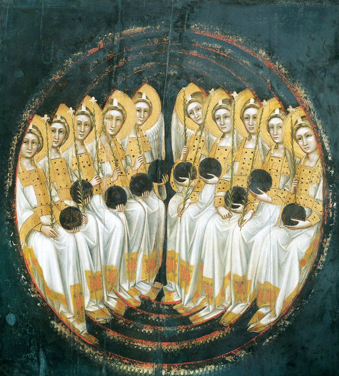 Ellerinde küreler olan oturan melekler, Guariento tarafından (aktif 1338-1367 veya 1370), panelde tempera by Guariento di Arpo
