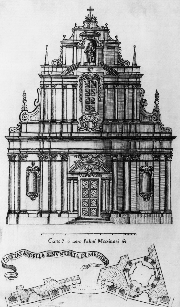 Guarino Guarini (1624-1683), İtalya'nın Messina'daki Müjde Kilisesi'nin cephesi ve düzeni, gravür by Guarino Guarini