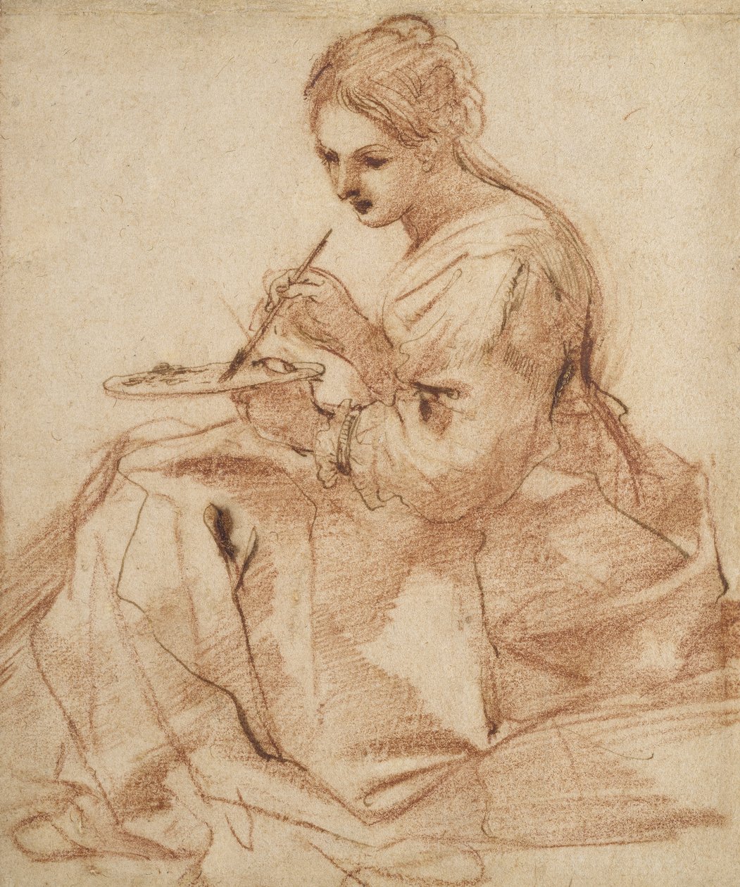 Bir Kadın Tablosu (Bir resim alegorisi), c.1618 (kırmızı tebeşir, kirli beyaz kağıda kalem ve kahverengi mürekkeple dokunmuştur) by Giovanni Francesco Barbieri