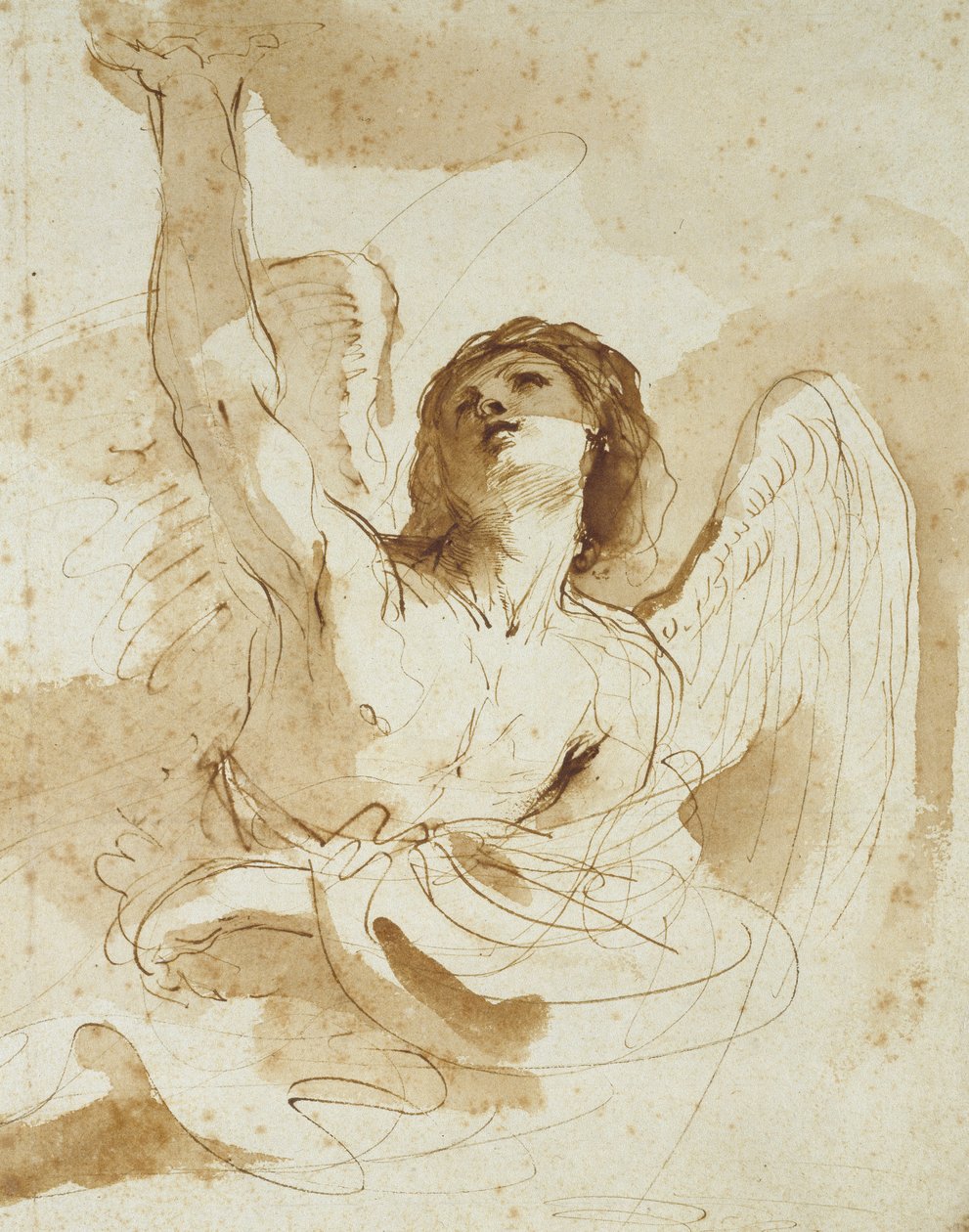 An Angel (kirli beyaz kağıda kahverengi astarlı kalem ve kahverengi mürekkep) by Giovanni Francesco Barbieri