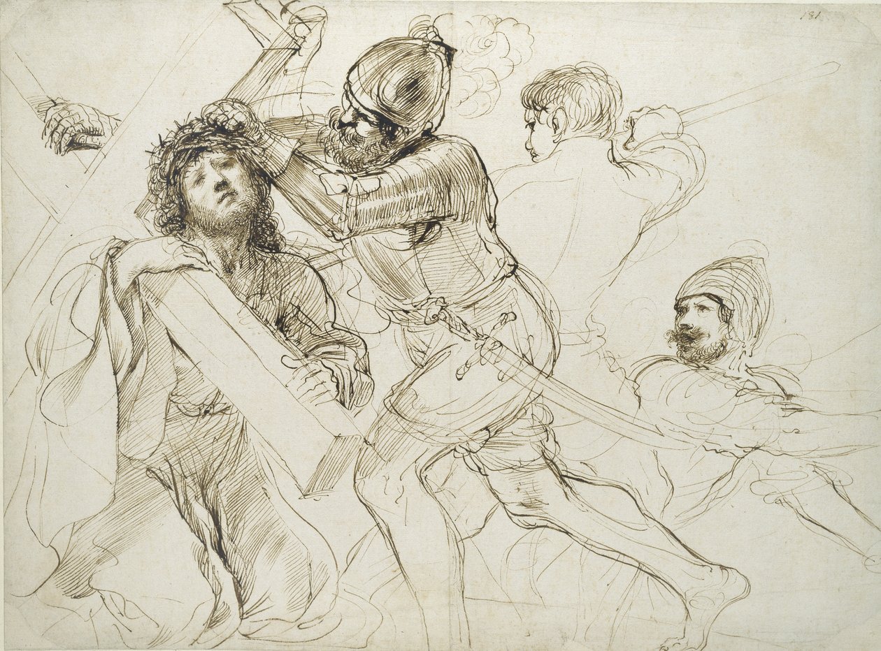 Haç Taşıyan İsa, c.1625 - 1628 (beyaz kağıt üzerine kalem ve kahverengi mürekkep) by Giovanni Francesco Barbieri