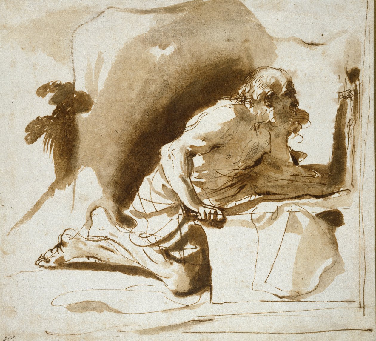 St Jerome, c.1622 - 1624 (beyaz kağıt üzerinde kahverengi astarlı kalem ve kahverengi mürekkep) by Giovanni Francesco Barbieri
