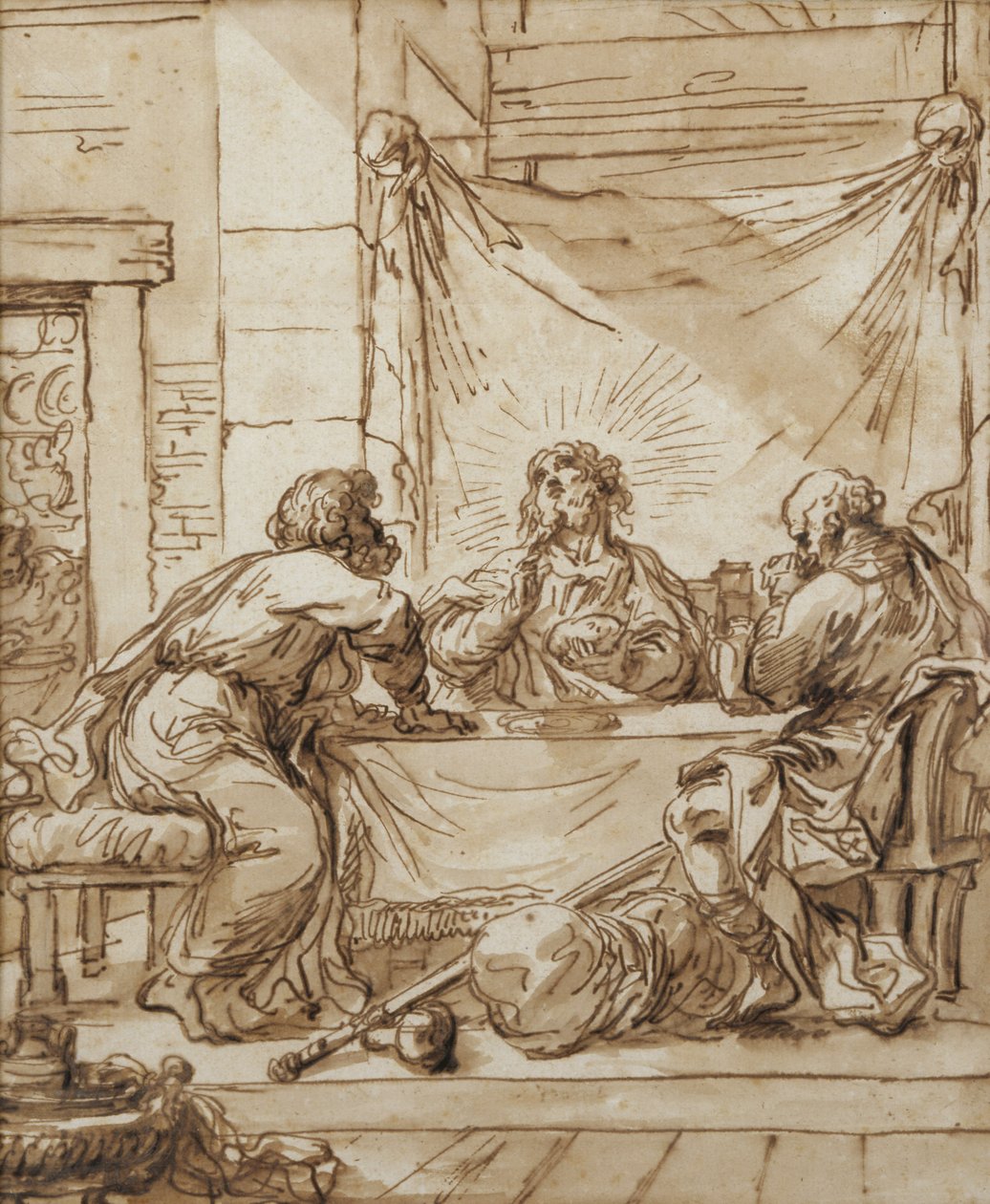Emmaus'ta Akşam Yemeği (kağıt üzerine mürekkep) by Giovanni Francesco Barbieri