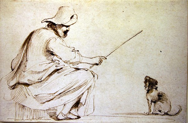 Oturan Bir Adam Köpeği Eğitir (kalem ve kahverengi mürekkep ve kağıt üzerinde yıkama) by Guercino