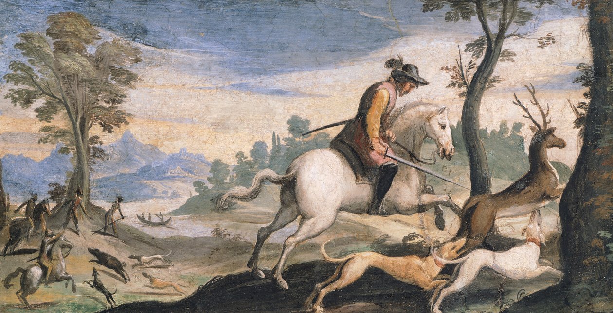 Geyik ve yaban domuzu avı, Guercino olarak bilinen Giovanni Francesco Barbieri (1591-1666), fresk, 53x101 cm by Guercino