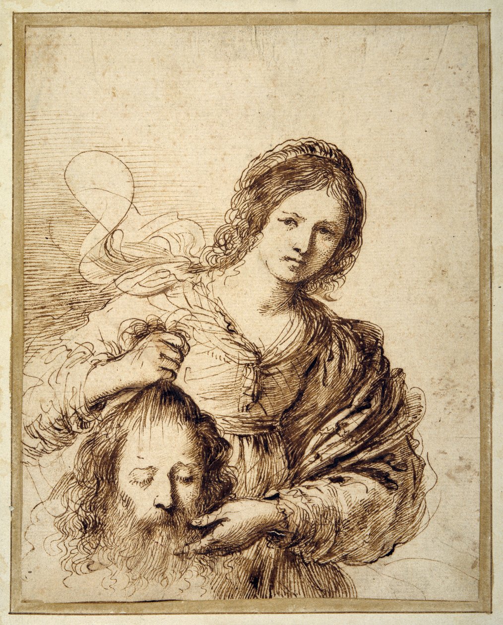 Judith, Holofernes kafalı (kağıt üzerine kalem ve kahverengi mürekkep) by Guercino (1591 1666)