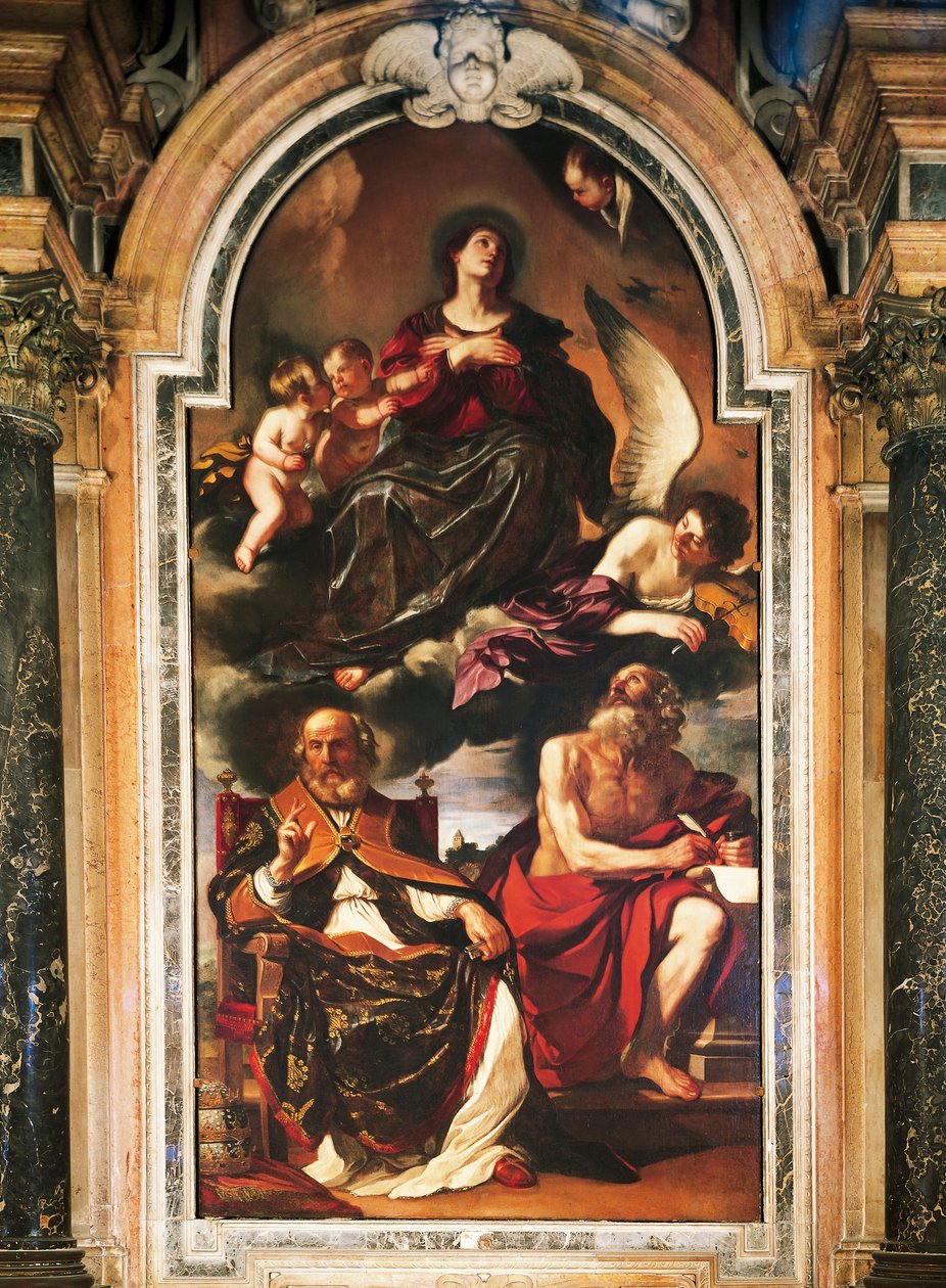 Aziz Peter ve Aziz Jerome ile Mary varsayımı, Guercino (1591-1666) olarak bilinen Giovanni Francesco Barbieri tarafından, tuval üzerine yağlı boya. Santa Maria Assunta Katedrali, Reggio Emilia. by Guercino