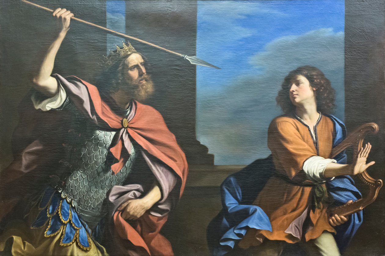 Saul mızrağıyla Davut'u öldürmeye çalışıyor by Guercino (1591 1666)