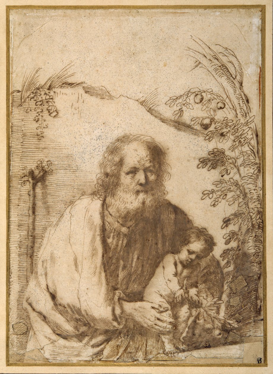 Bir elma ağacının dalını tutan Aziz Joseph ve Bebek İsa (kağıt üzerinde kalem ve mürekkep) by Guercino