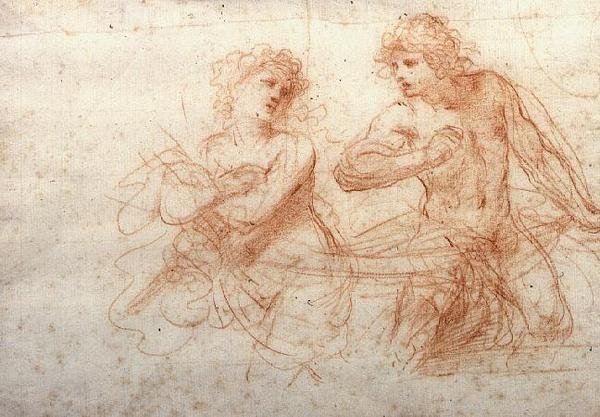Çıplak Bir Erkek ve Kadının Çalışması (kırmızı tebeşir) by Guercino