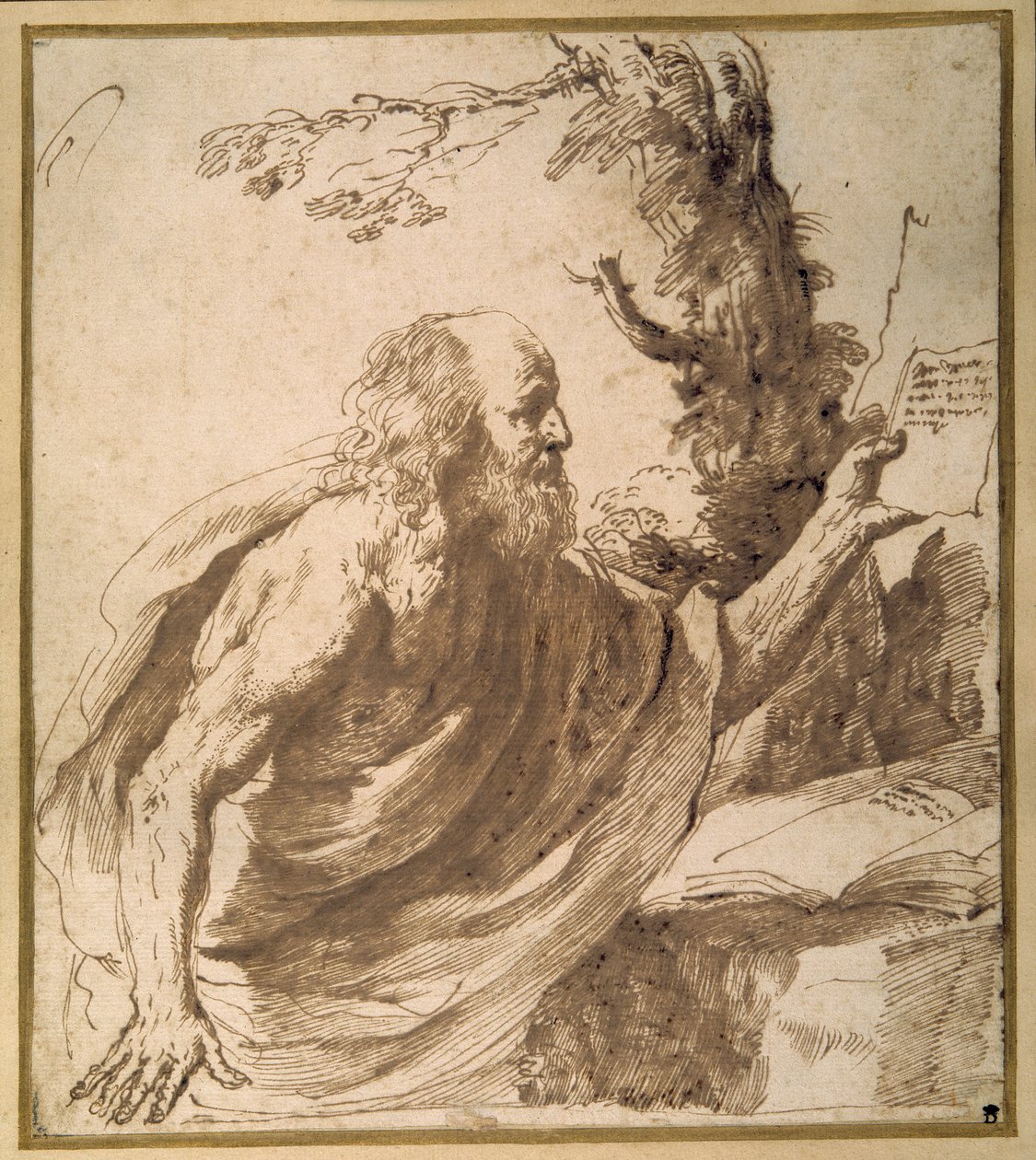 Çölde bir Aziz okuma (kağıt üzerinde kalem ve mürekkep) by Guercino