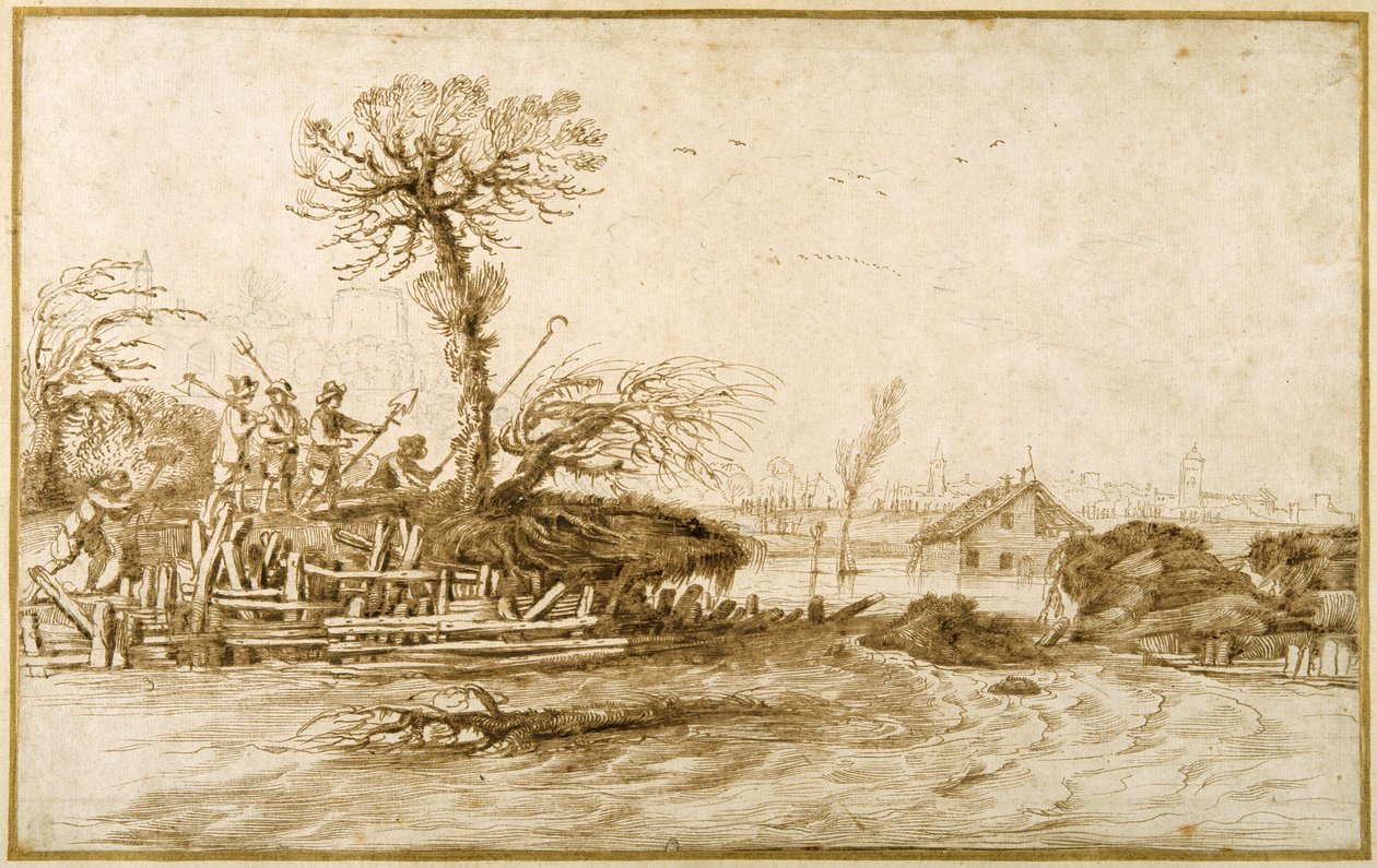 Taşkın bir nehir ve baltaları ve diğer araçları olan köylüler (kağıt üzerine tebeşir üzerine kalem ve mürekkep) by Guercino