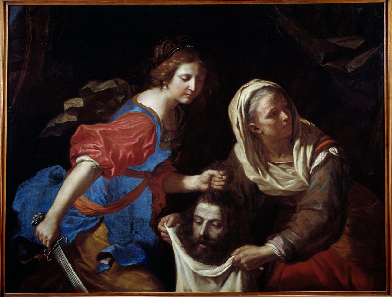Judith ve Holofernes kafa. Judith adamın kafasını yatırırken, hizmetçisi Abra çantayı tutuyor. Giovanni Francesco Barbieri dit Guercino tarafından yapılan boyama (Guerchin by Guercino