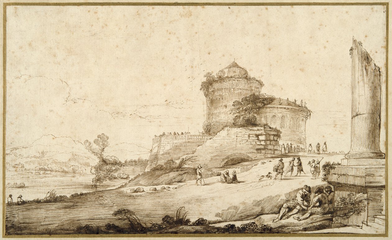 Sağda ön planda kırık bir sütun, bir kale ve çok sayıda figür bulunan manzara (kağıt üzerinde kalem ve mürekkep) by Guercino