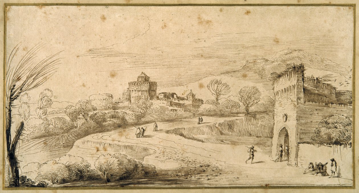 Mazgallı bir kapı evi ve dolambaçlı bir yol ile manzara (kağıt üzerinde kalem ve mürekkep) by Guercino