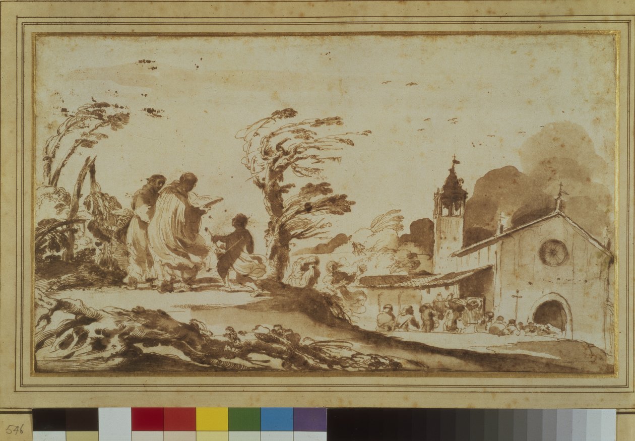 Bir kilisenin figürleriyle manzara (kalem ve mürekkep ve kağıt üzerinde yıkama) by Guercino